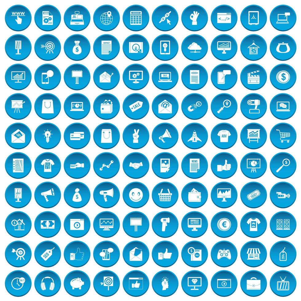 100 iconos de marketing en Internet conjunto azul vector