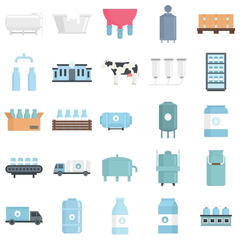 Milk factory icons set flat vector isolated