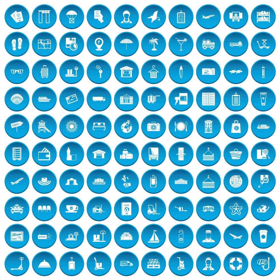 100 iconos de equipaje conjunto azul vector