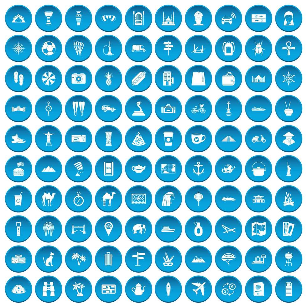 100 tourism icons set blue vector