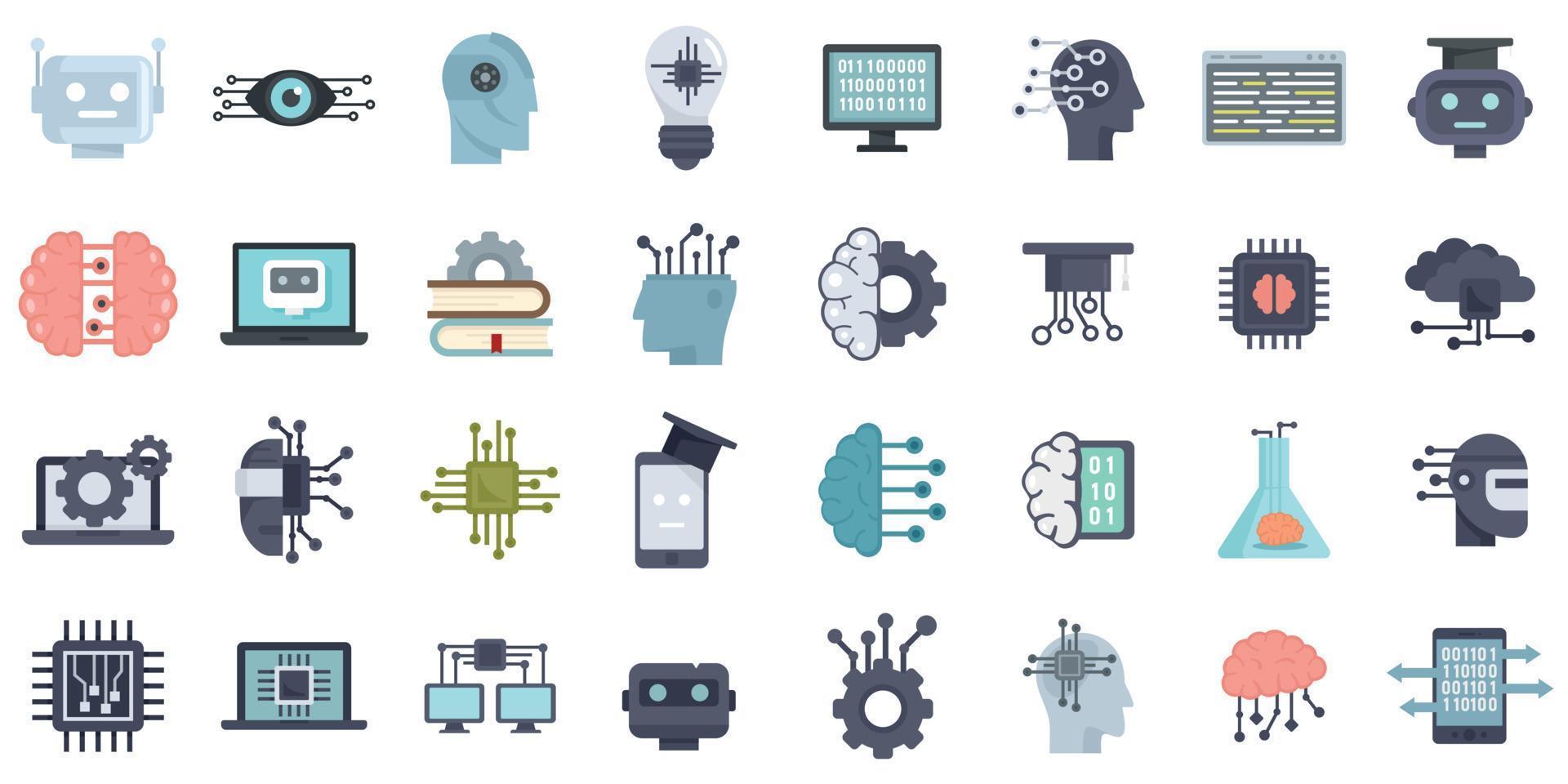Machine learning icons set flat vector isolated