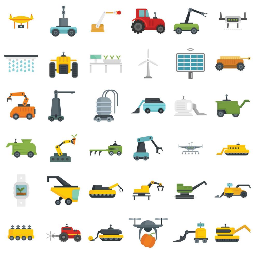 Farming robot icons set flat vector isolated