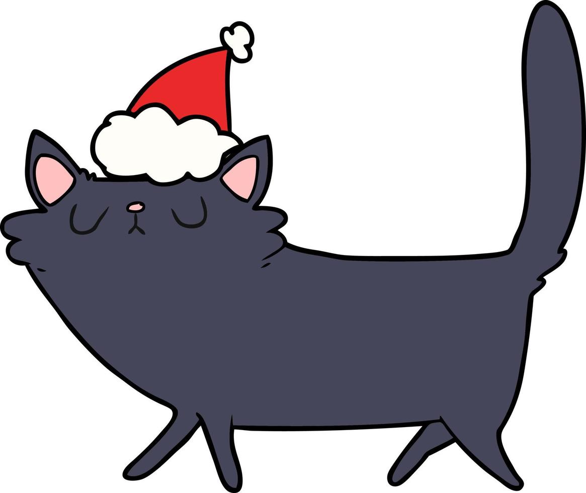 line drawing of a black cat wearing santa hat vector