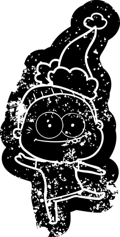 cartoon distressed icon of a happy old woman wearing santa hat vector