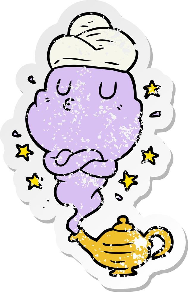 distressed sticker of a cartoon genie vector