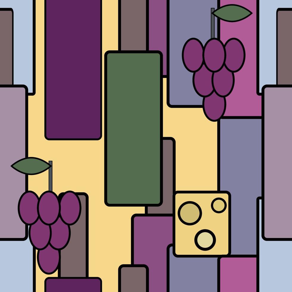 patrón sin costuras con uvas, queso y vino. vector