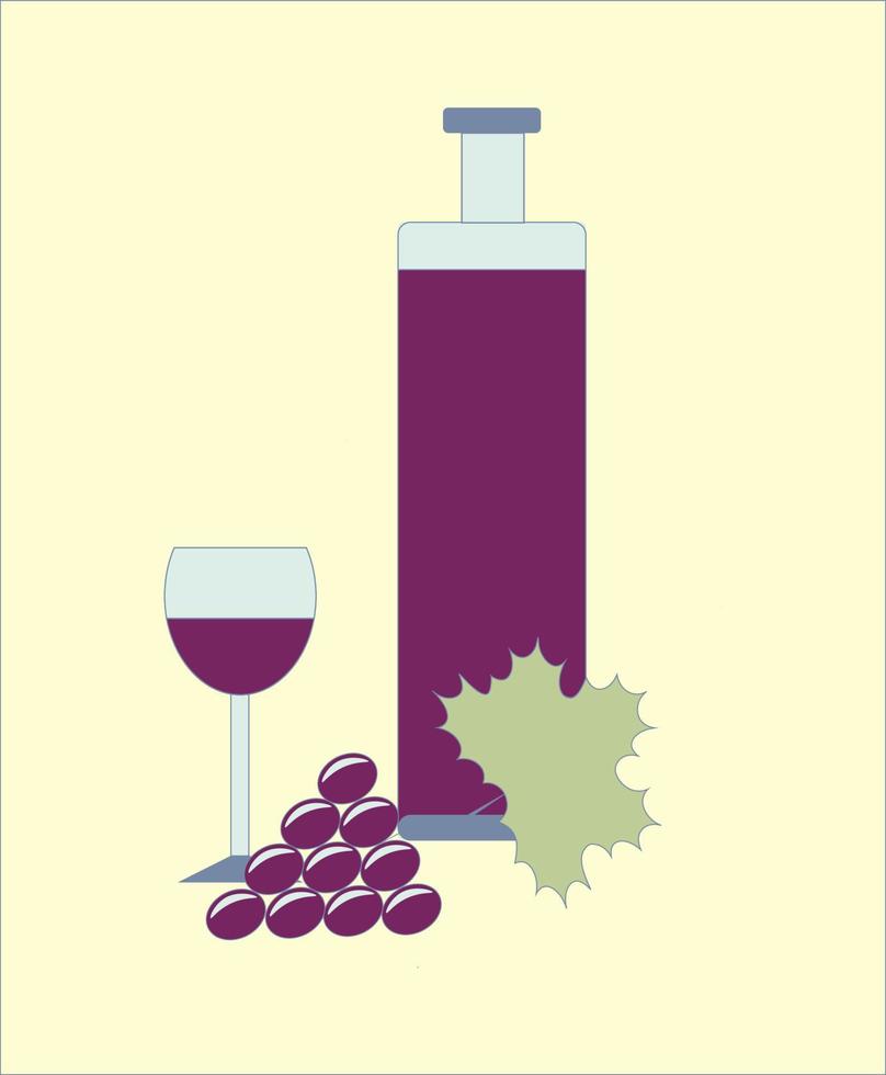 A bottle of wine, a glass and grapes. For design. vector