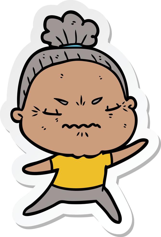 sticker of a cartoon annoyed old lady vector