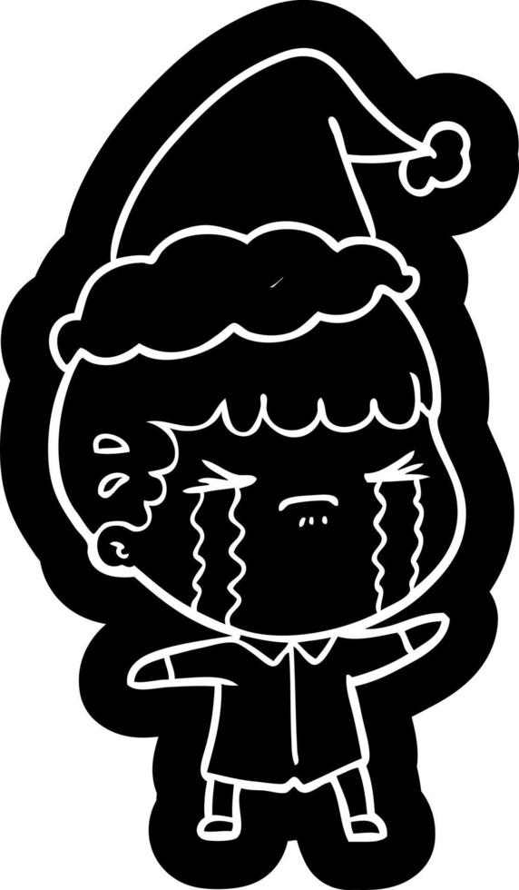 cartoon icon of a man crying wearing santa hat vector