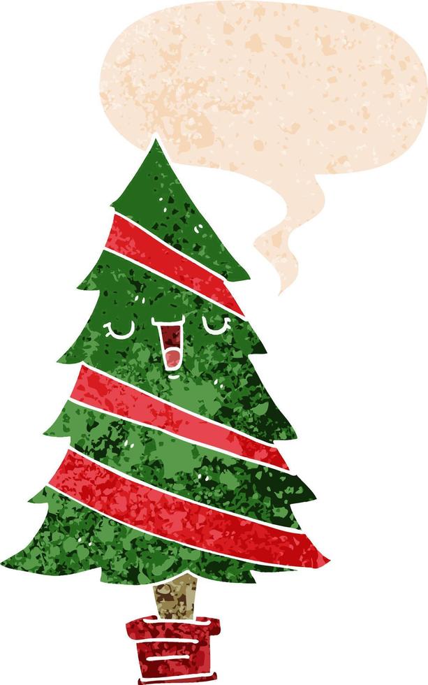 árbol de navidad de dibujos animados y burbuja de habla en estilo retro texturizado vector