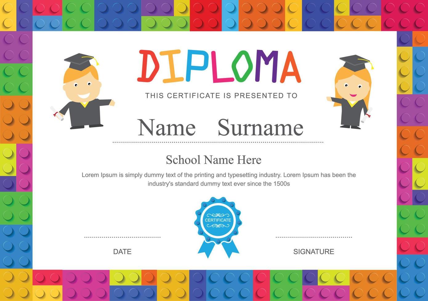 Kids diploma preschool elementary school design certificate background template vector