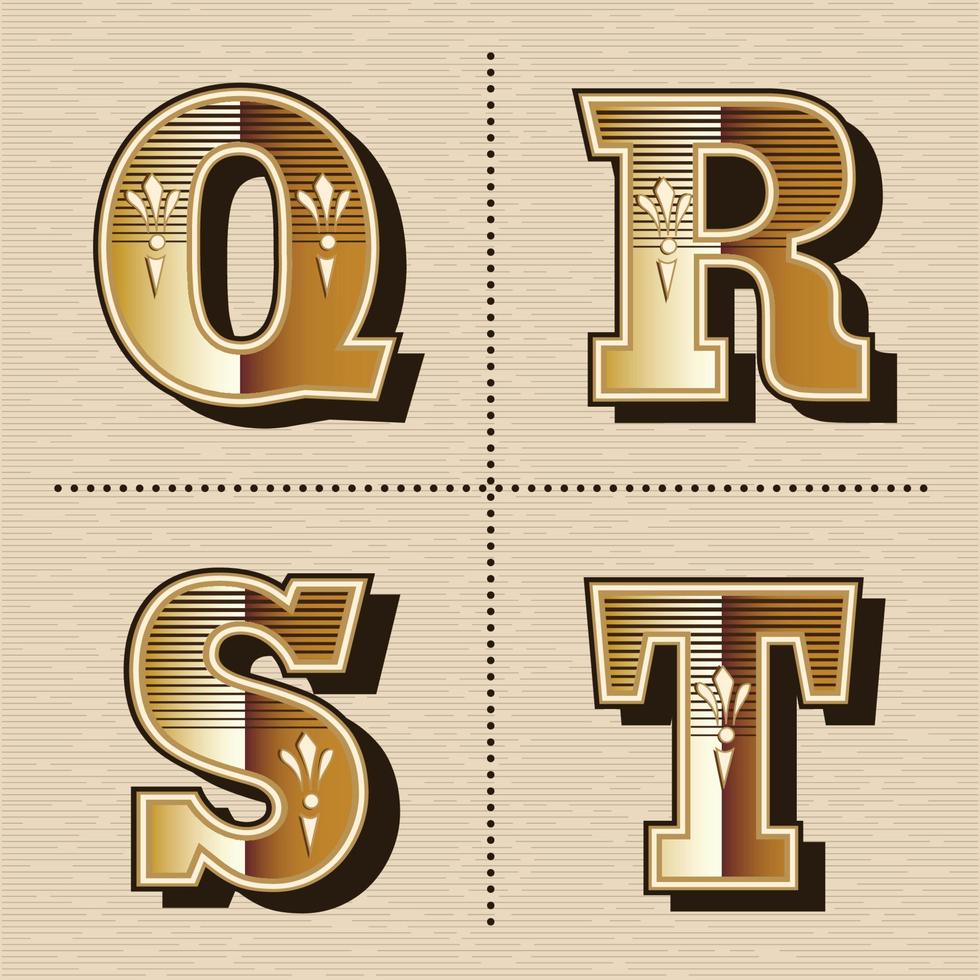Vintage western alphabet letters font design vector illustration q, r, s, t