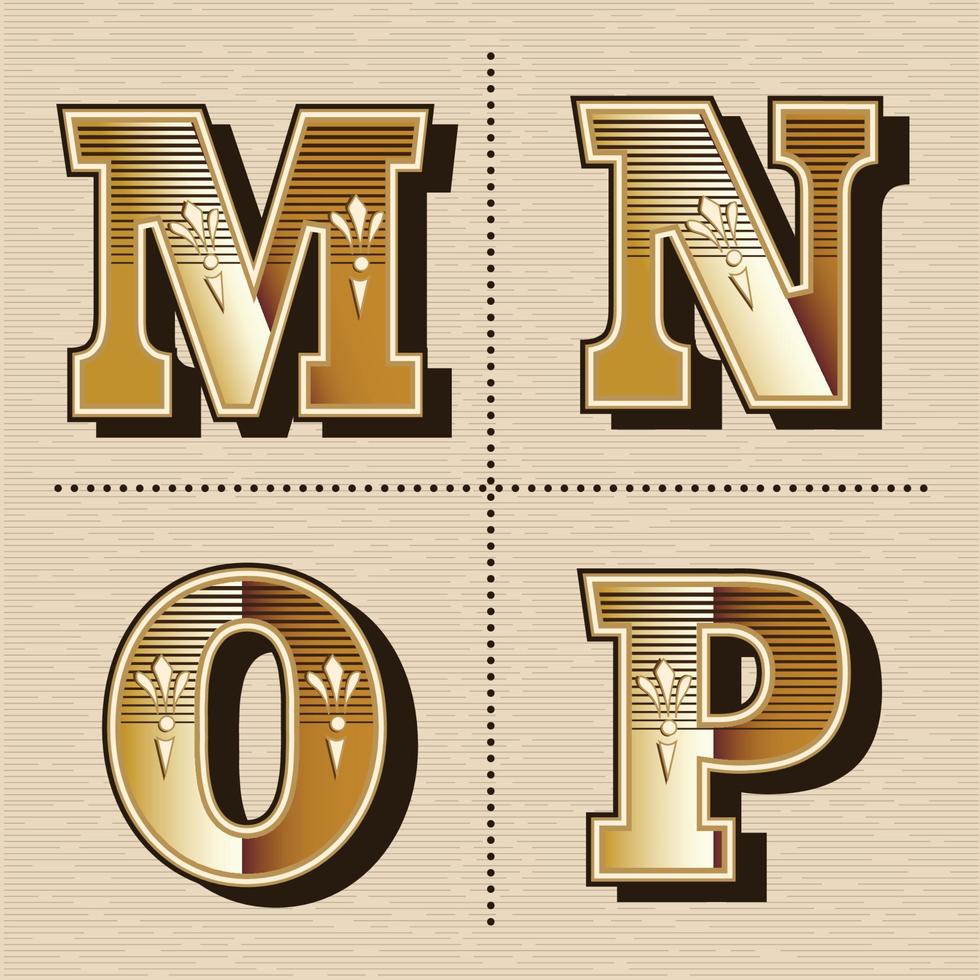 Vintage western alphabet letters font design vector illustration m, n, o, p