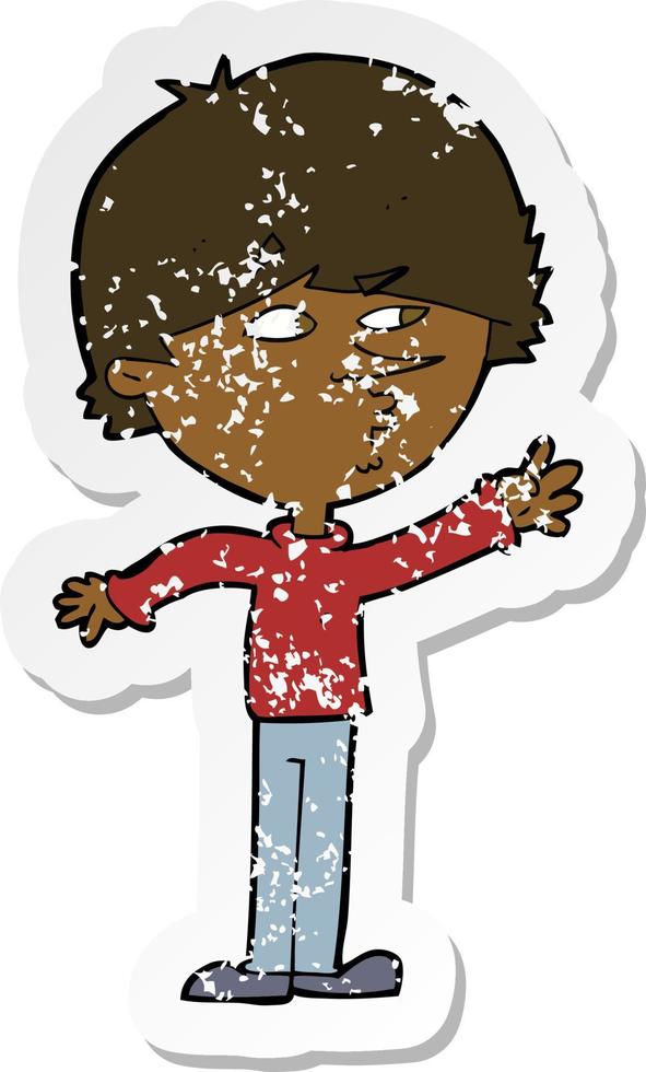 retro distressed sticker of a cartoon worried man reaching vector