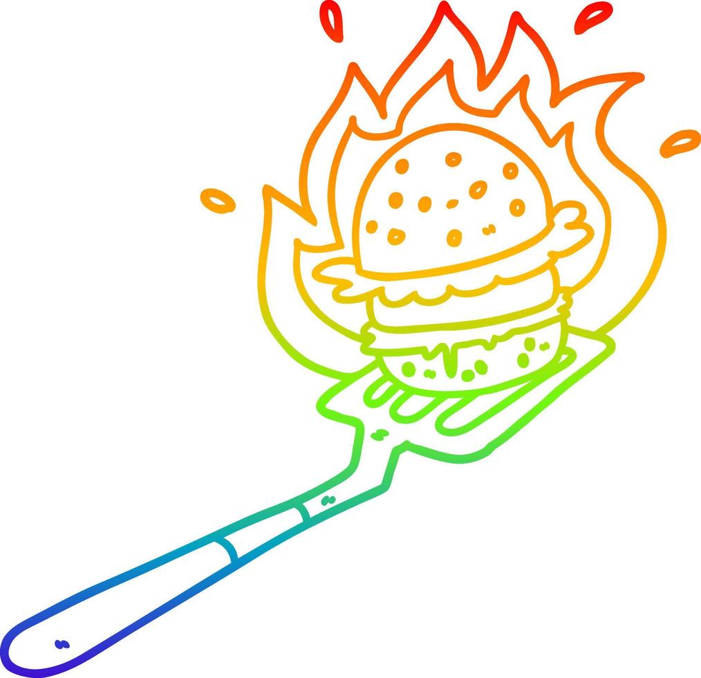 rainbow gradient line drawing cartoon flaming burger on spatula vector