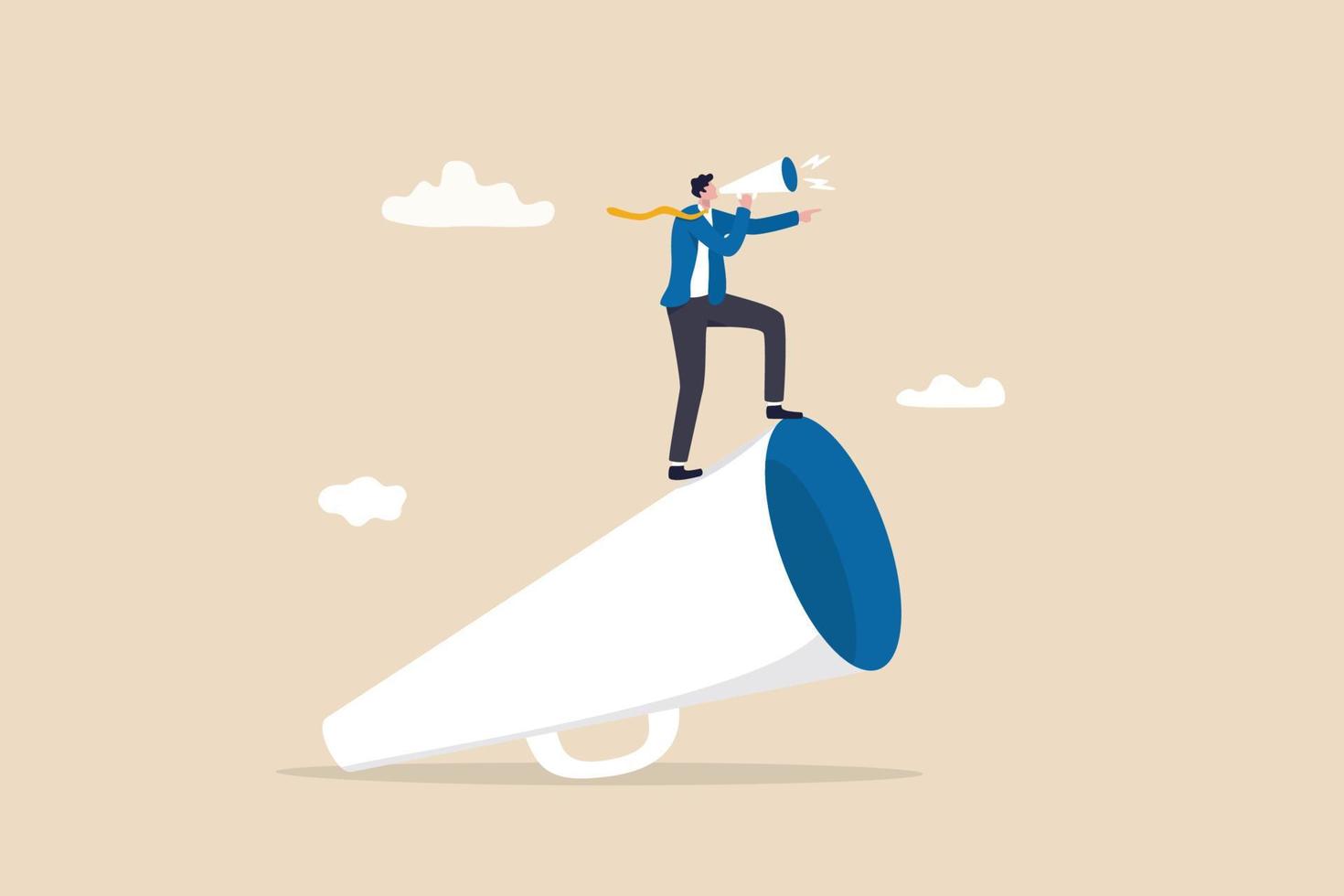 Leader communication, executive management skill to communicate with employee, send important message or announcement concept, businessman leader standing on big megaphone giving speech to public. vector