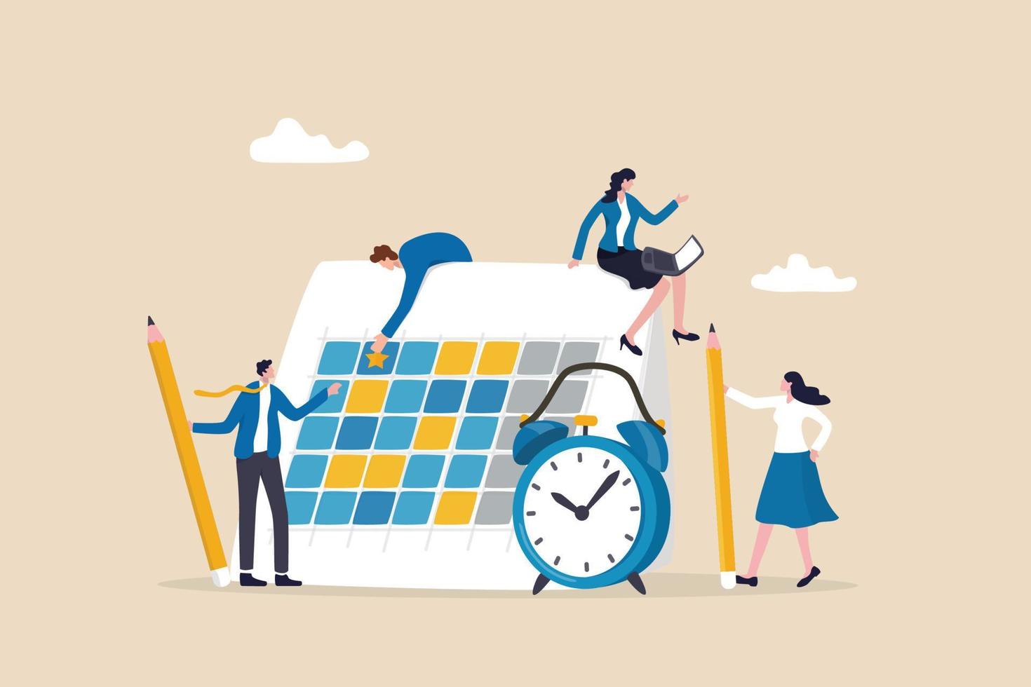 Schedule calendar, team meeting or appointment, project planning or time reminder, manage timeline concept, businessman and businesswoman working on calendar planner to schedule and organize work. vector