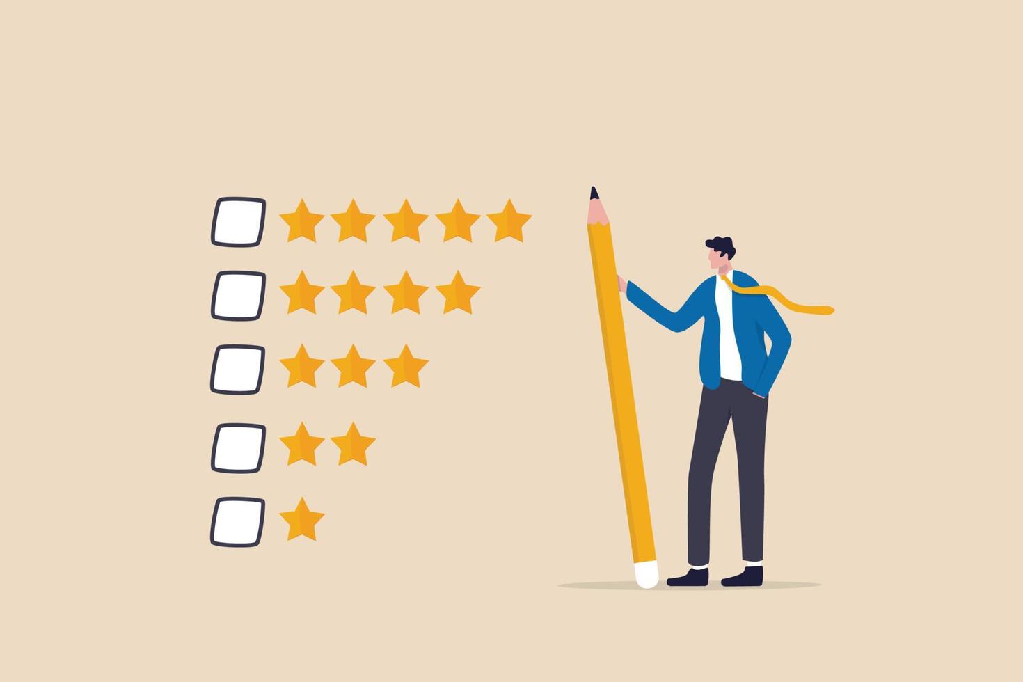 Evaluation or satisfaction feedback, performance rating or customer review, giving stars quality result, rate the service concept, thoughtful businessman holding pencil to evaluate star feedback. vector