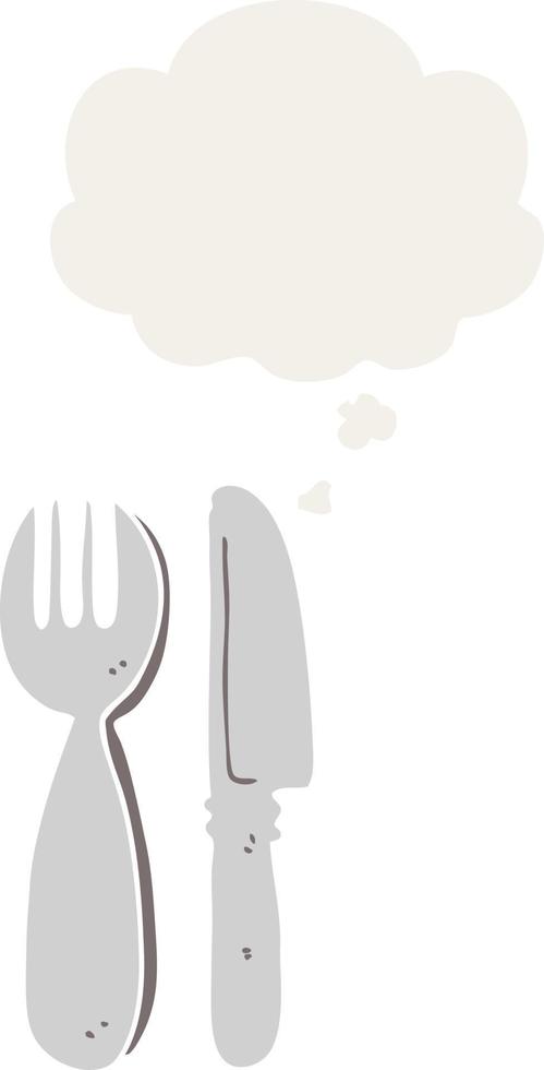 cartoon knife and fork and thought bubble in retro style vector