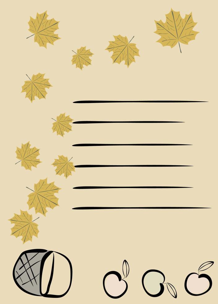 plantilla para imprimir. otoño. cubierta para un cuaderno o cuaderno con hojas de otoño, manzanas y una canasta. vector