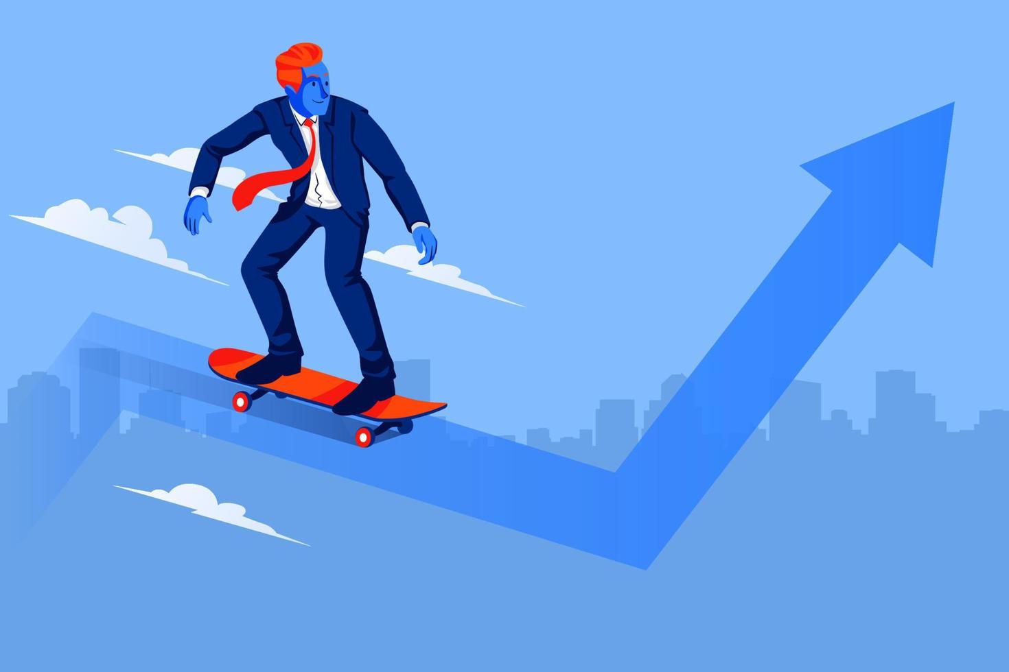 Business man with skateboard, skateboarding on arrow and grow chart up increase profit sales and investment. Business return on investment ROI concept illustration vector