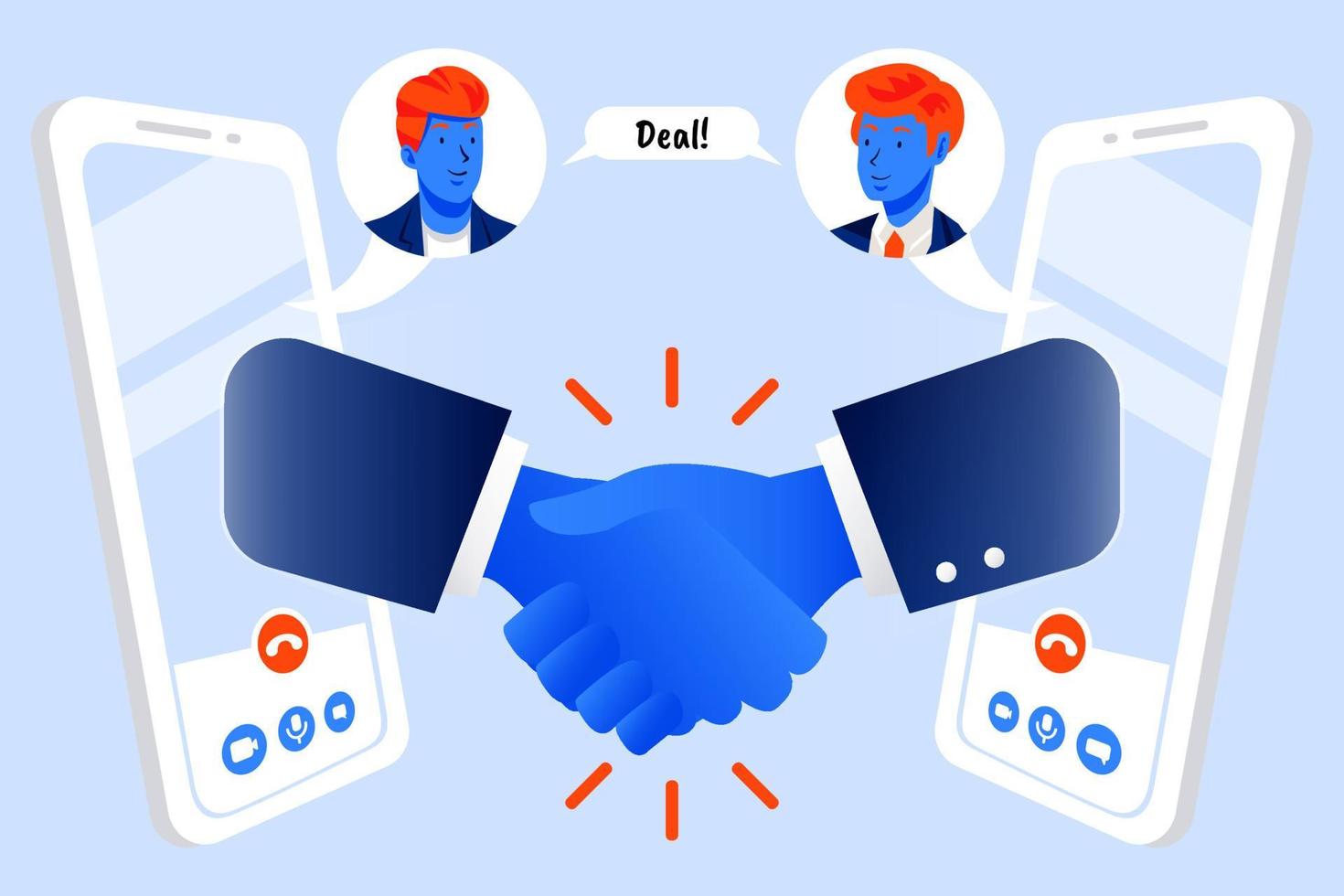 Businessman hand shake deal, agreement and partnership, business contract through smart phone vector