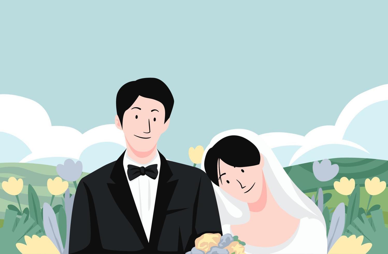 colorido día de boda novia y novio pareja ceremonia de matrimonio con paisaje de colina y paisaje ilustración vectorial vector