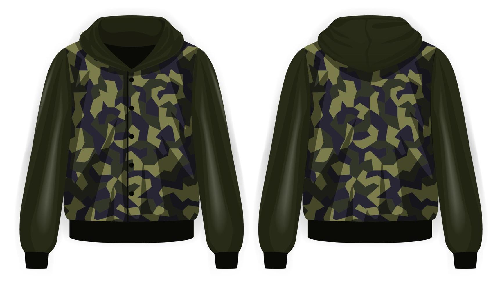 Green jacket army with camouflage pattern and hoodie front and back view, vector mockup illustration