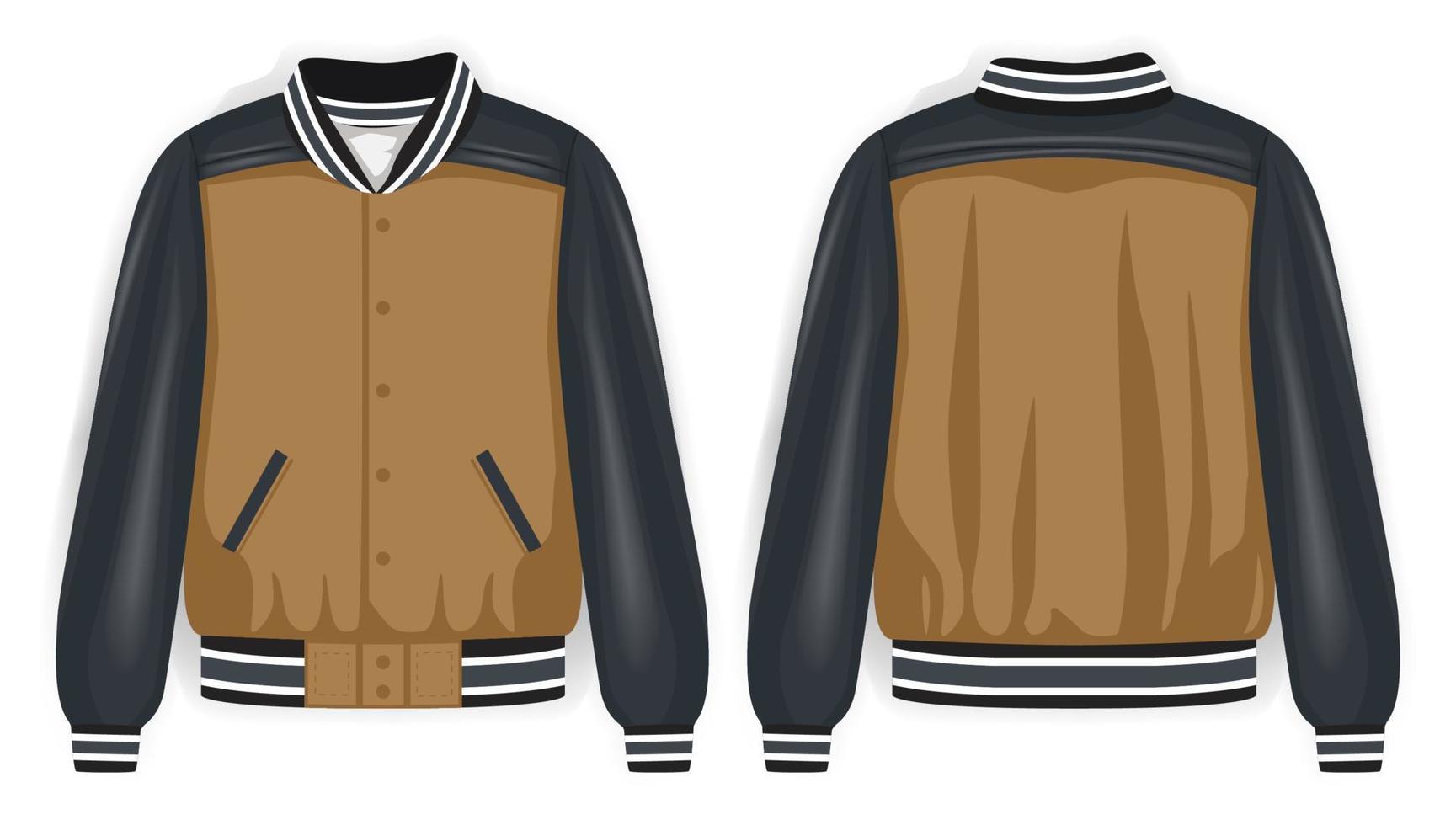 Brown, grey, and white varsity jacket front and back view, vector mockup illustration