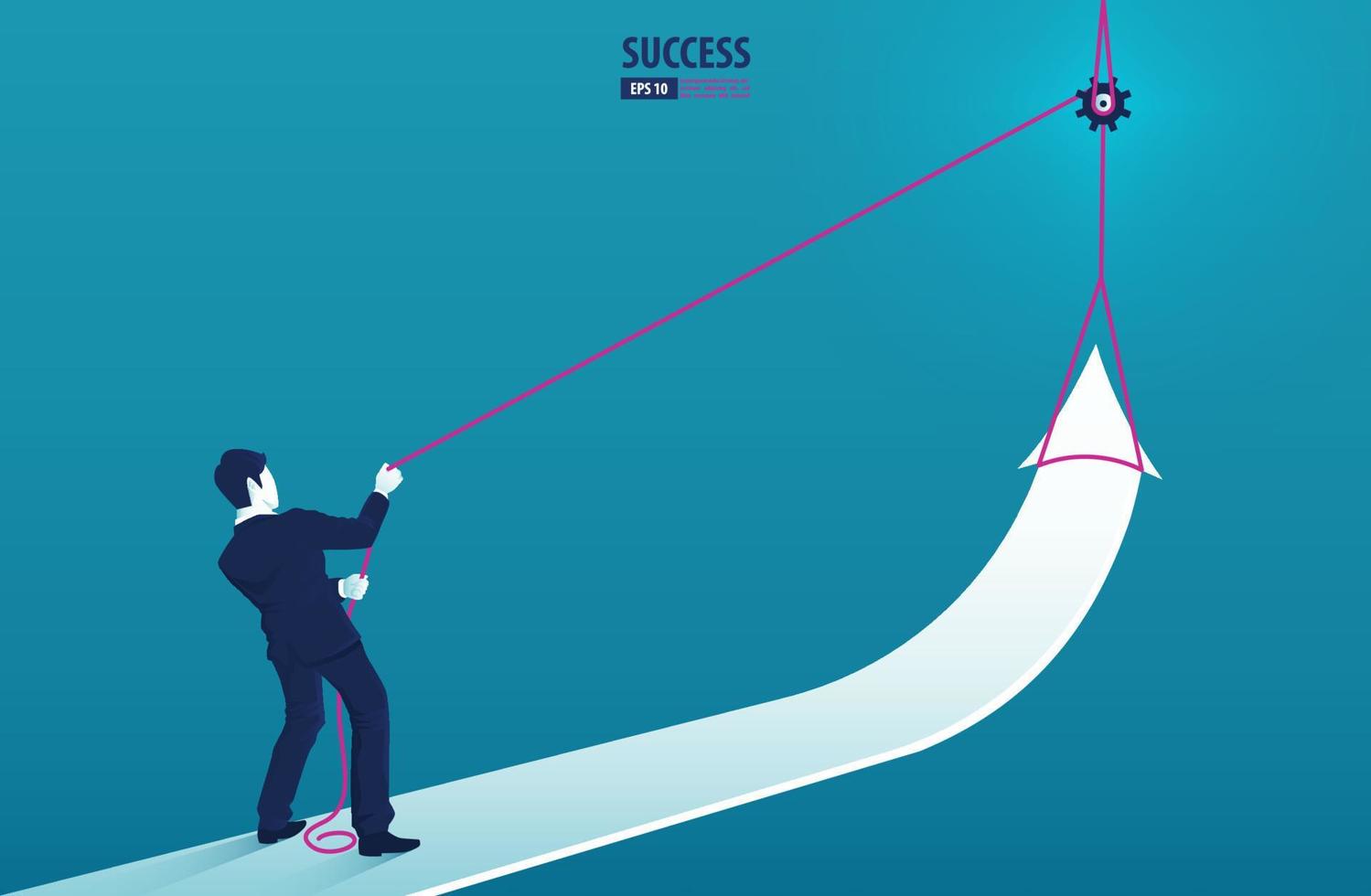 hombre de negocios parado en el gráfico de flecha y tirando de él hacia arriba con una cuerda. gráfico de crecimiento hacia arriba aumentar las ventas de ganancias y la inversión vector