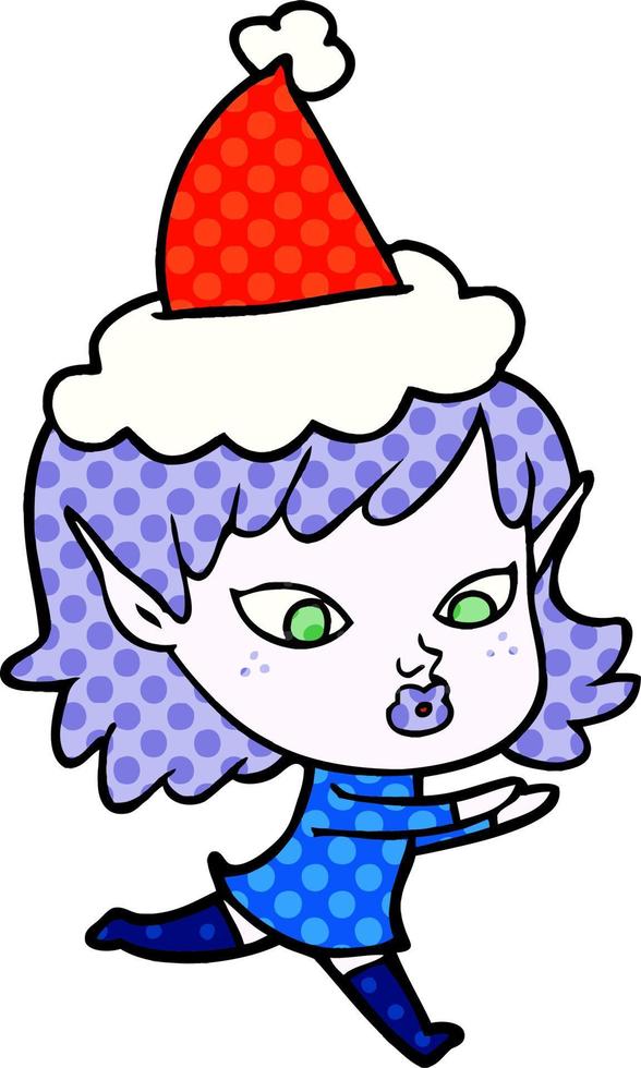 pretty comic book style illustration of a elf girl wearing santa hat vector