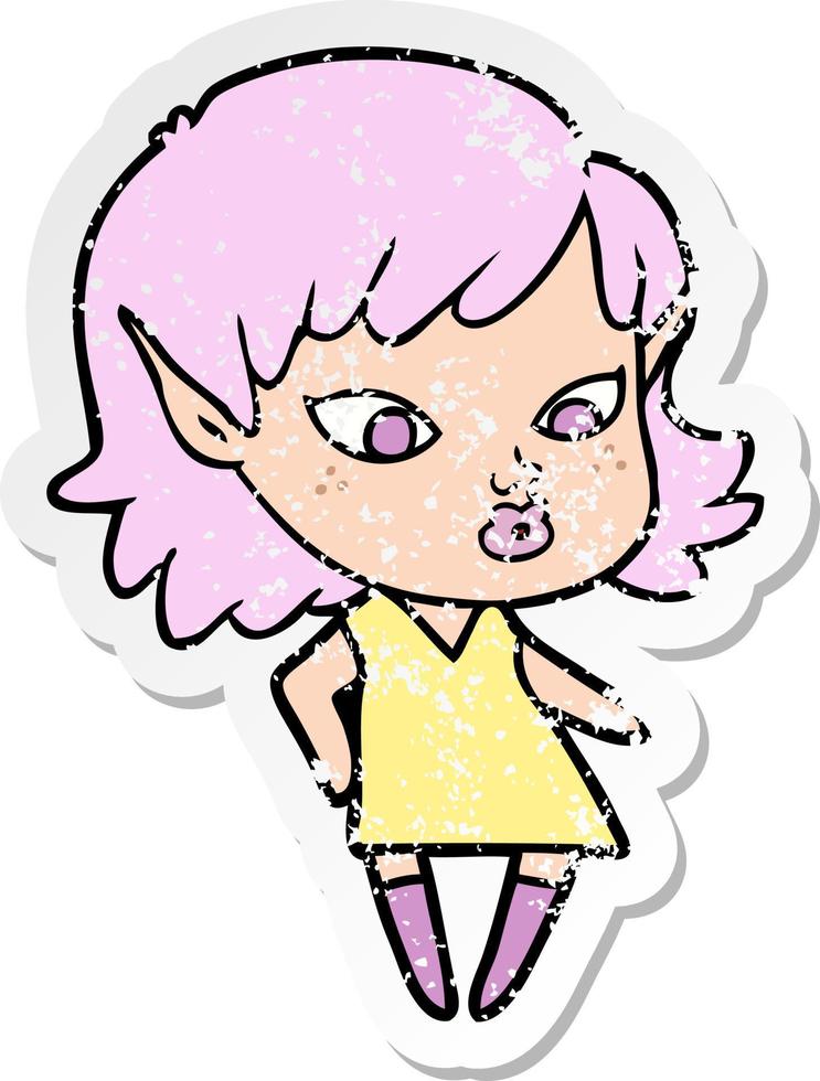 distressed sticker of a pretty cartoon elf girl vector