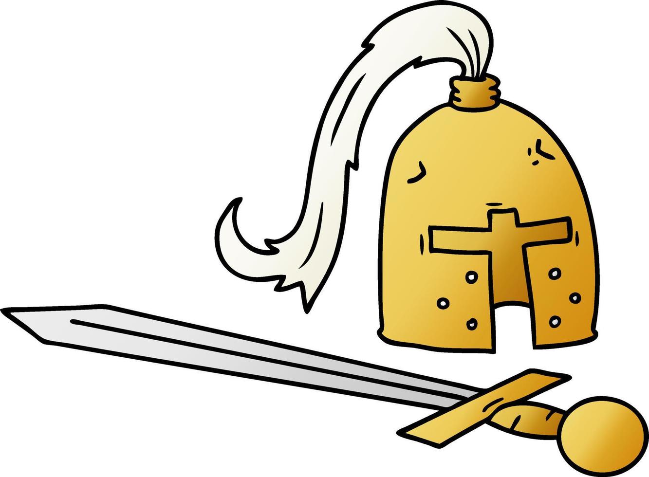 gradient cartoon doodle of a medieval helmet and sword vector