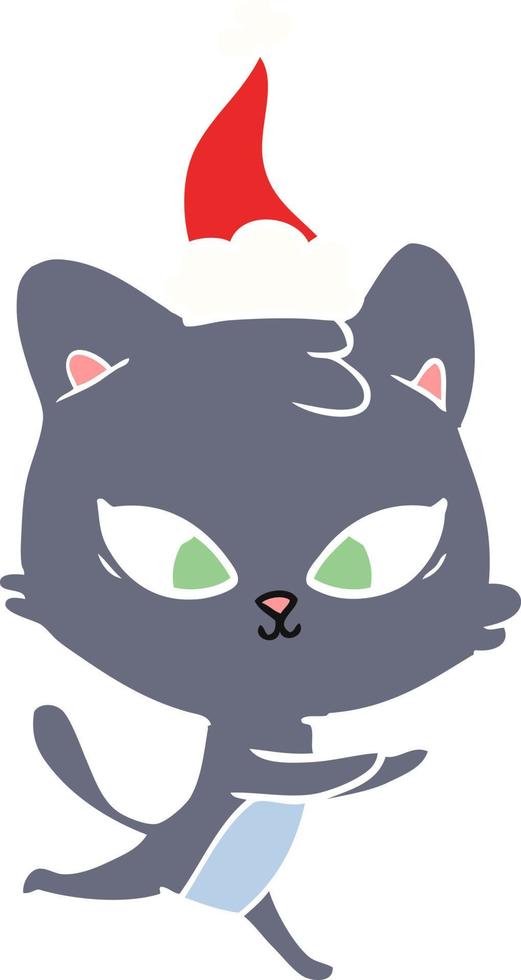 cute flat color illustration of a cat wearing santa hat vector