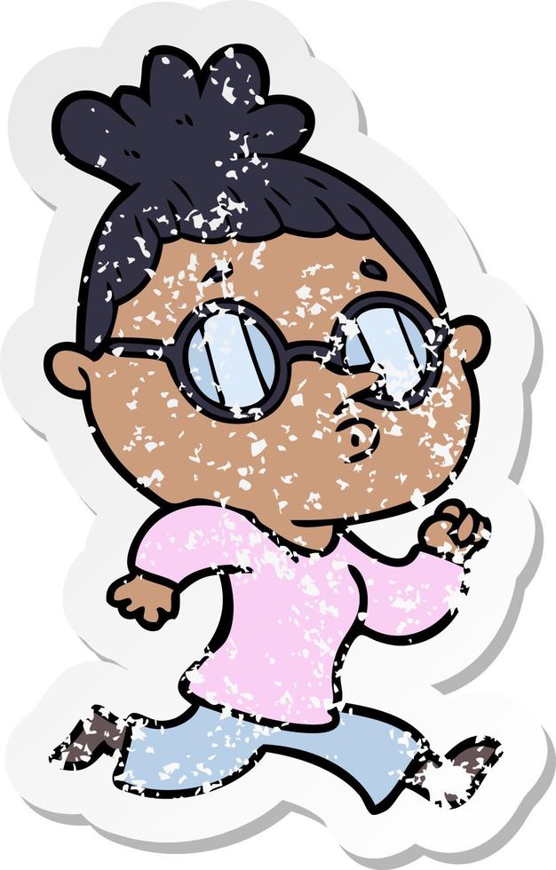 distressed sticker of a cartoon woman wearing glasses vector