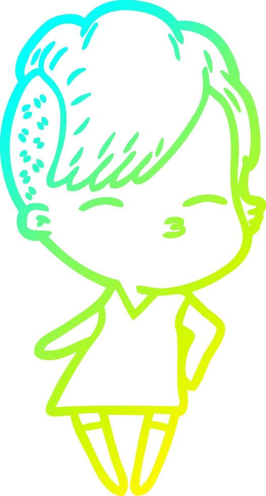 cold gradient line drawing cartoon squinting girl in dress vector
