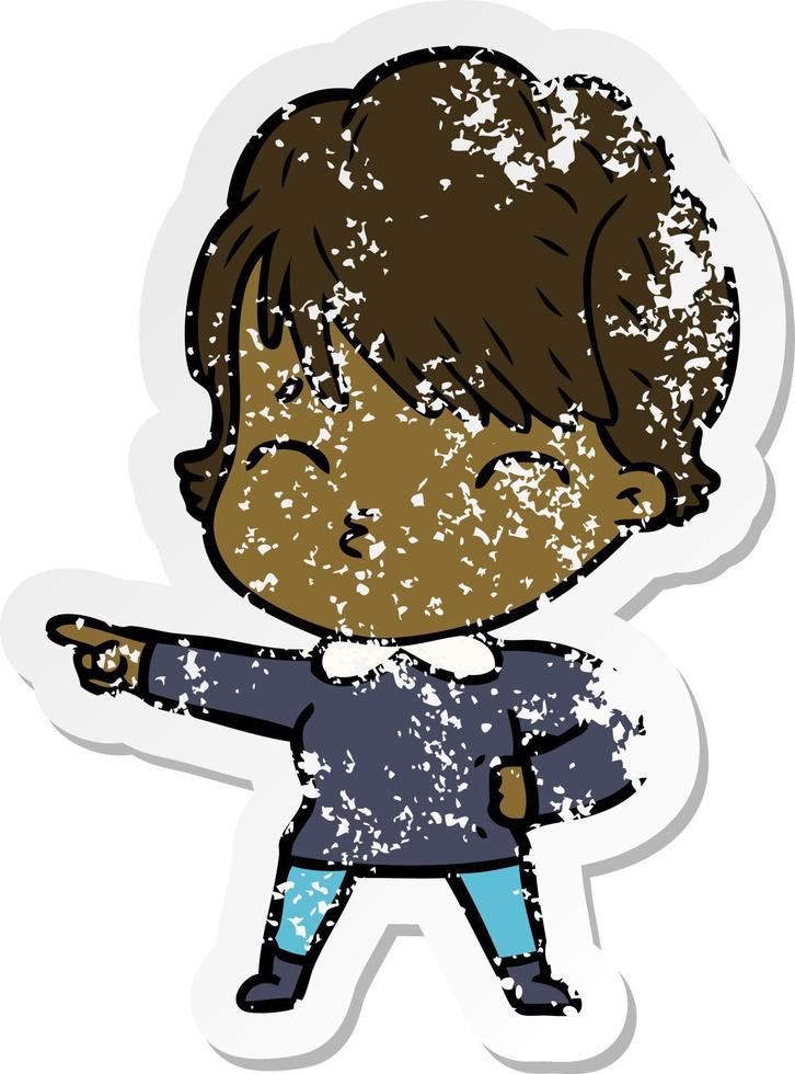 distressed sticker of a cartoon woman thinking vector