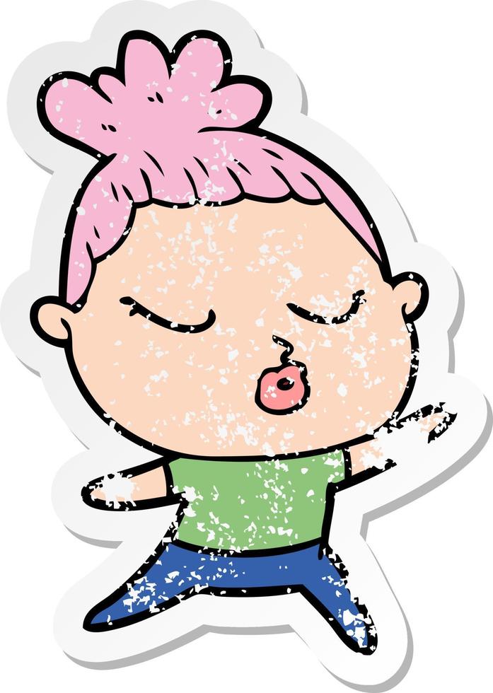 distressed sticker of a cartoon calm woman vector