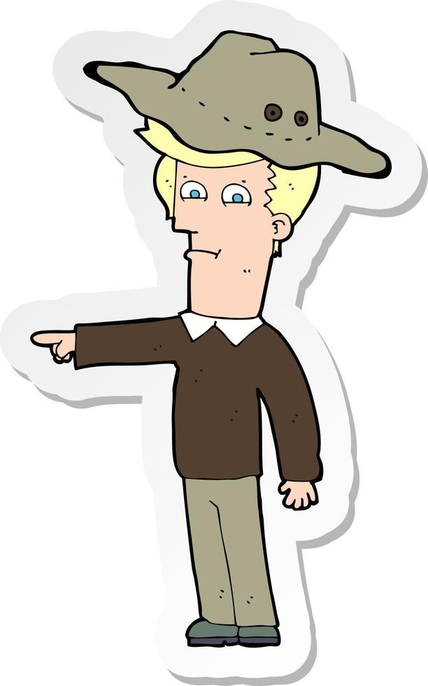 sticker of a cartoon pointing man wearing hat vector