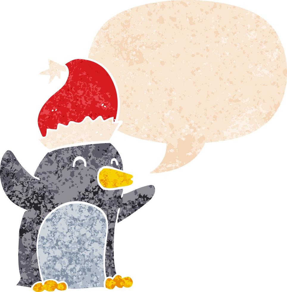 Lindo pingüino de navidad de dibujos animados y burbuja de habla en estilo retro texturizado vector