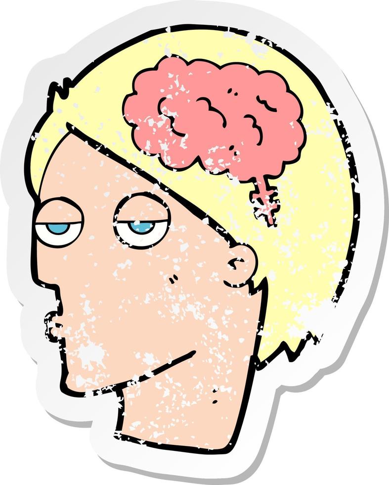 retro distressed sticker of a cartoon head with brain symbol vector