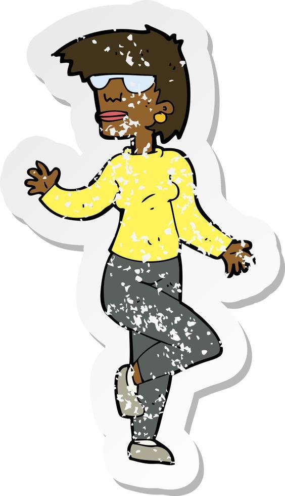 retro distressed sticker of a cartoon woman waving vector