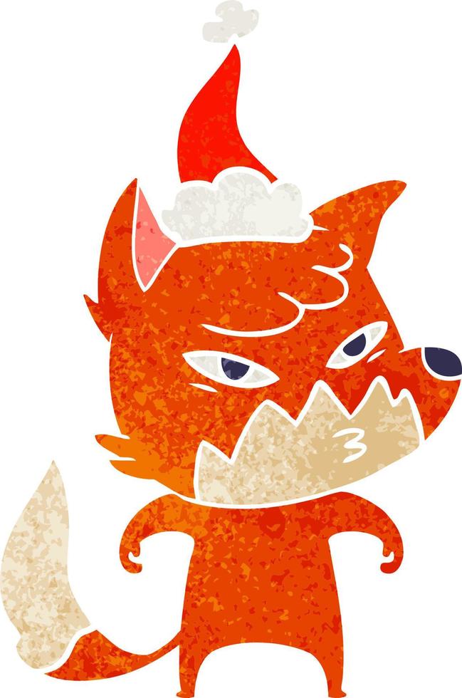 clever retro cartoon of a fox wearing santa hat vector