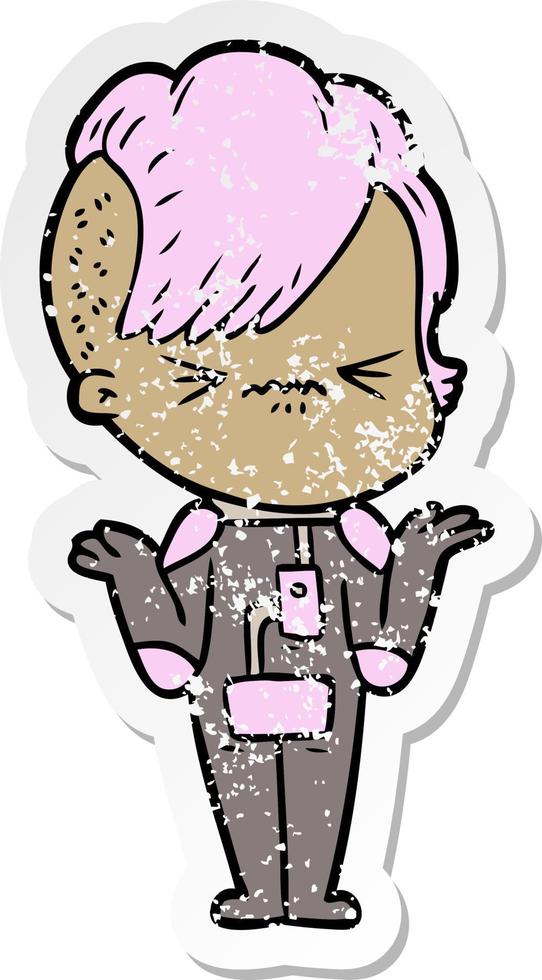 distressed sticker of a cartoon annoyed hipster girl wearing space suit vector
