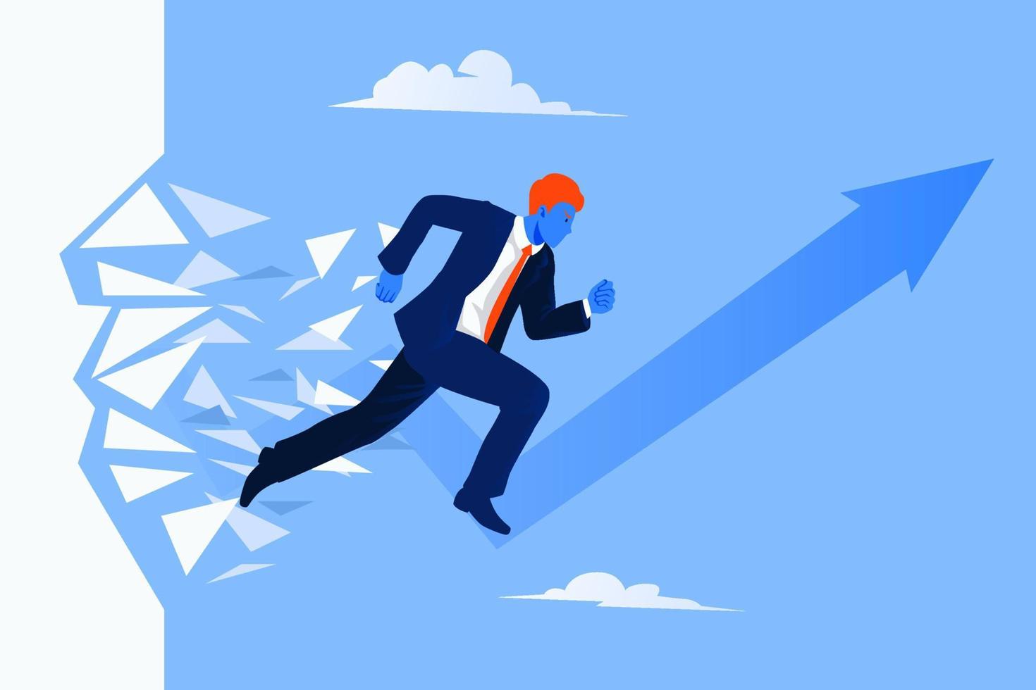 Businessman breaking the glass wall. Breakthrough concept. Business vector illustration