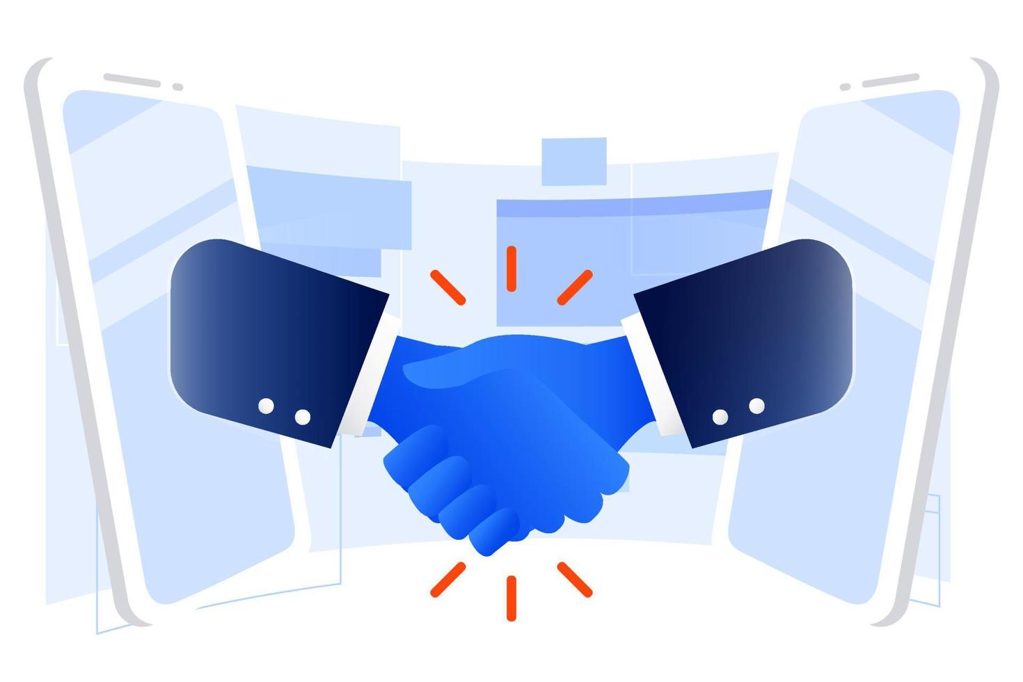 Businessman hand shake deal, agreement and partnership, business contract through smart phone vector