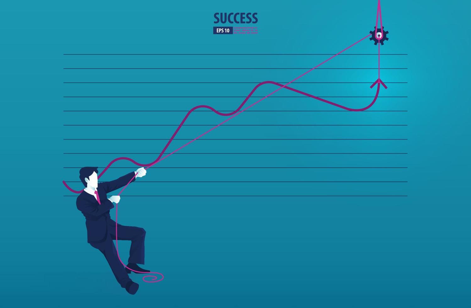 hombre de negocios parado en el gráfico de flecha y tirando de él hacia arriba con una cuerda. gráfico de crecimiento hacia arriba aumentar las ventas de ganancias y la inversión vector