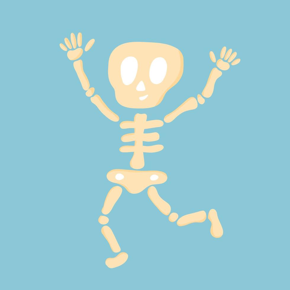 ilustración vectorial para halloween con un divertido esqueleto saltando sobre un fondo azul. ilustración para vacaciones, empaques, camisetas, carteles vector