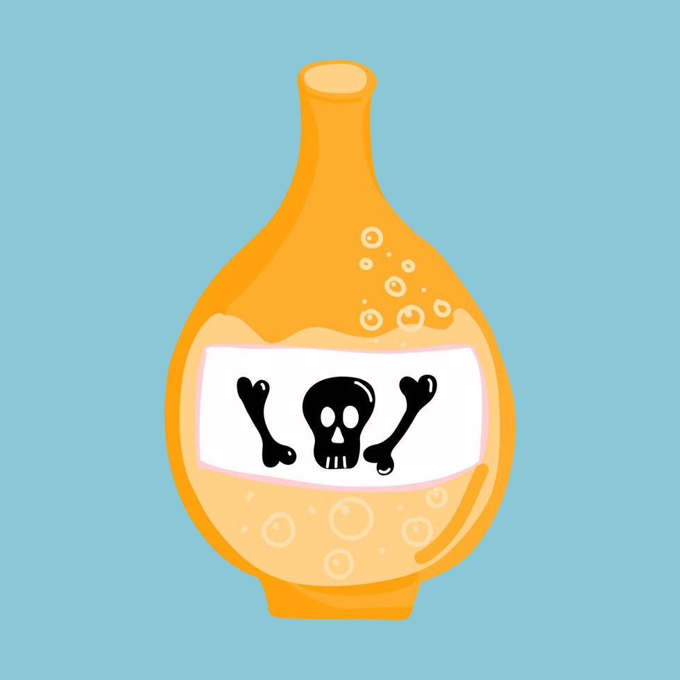 ilustración vectorial para halloween, una botella amarilla con veneno y una etiqueta con una calavera. ilustración para postales, carteles, estampados de camisetas, decoración navideña vector