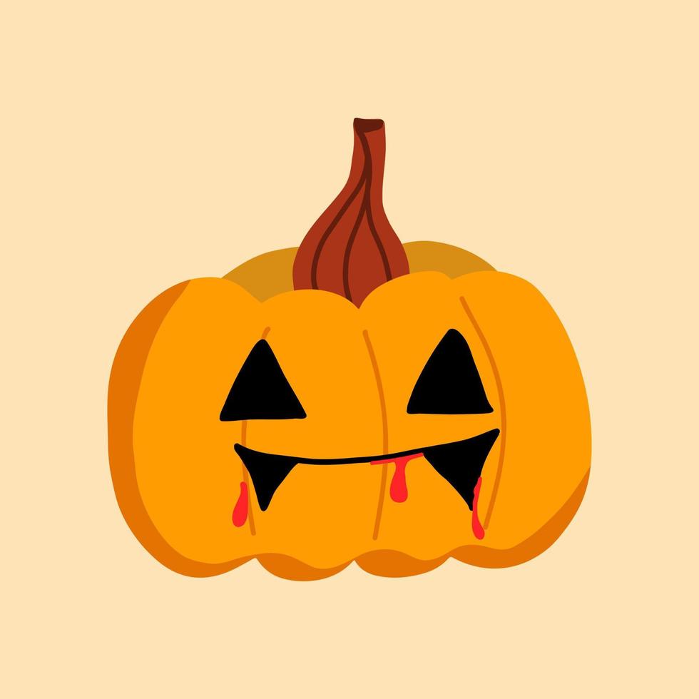 ilustración vectorial para halloween, una calabaza con una cara aterradora y dientes sangrientos en un estilo plano. ilustración para postales, afiches, estampado de camisetas, decoración navideña vector